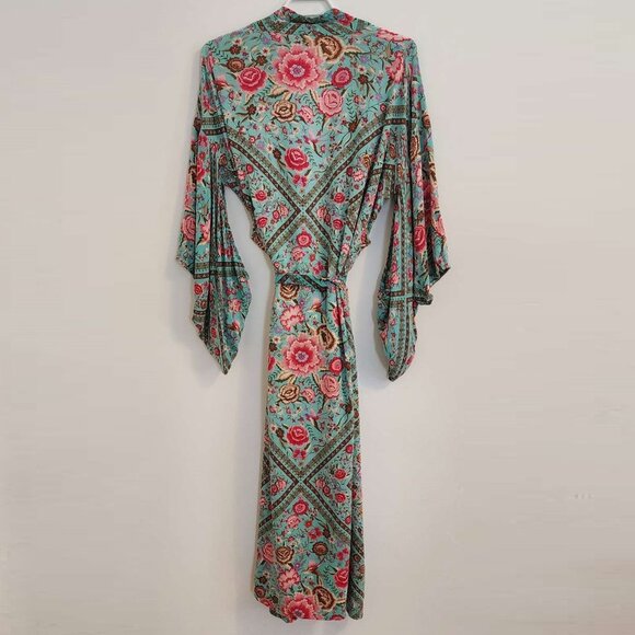 Spell & The Gypsy Babushka Turquoise Maxi Kimono Robe OS b225e - Picture 4 of 13